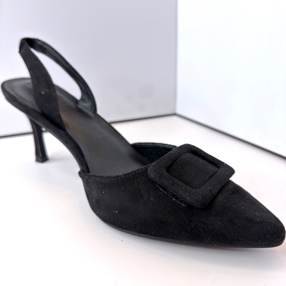 Coutgo Womens Black Faux Suede Buckle Pointed Toe Slingback Kitten Heels Size 10